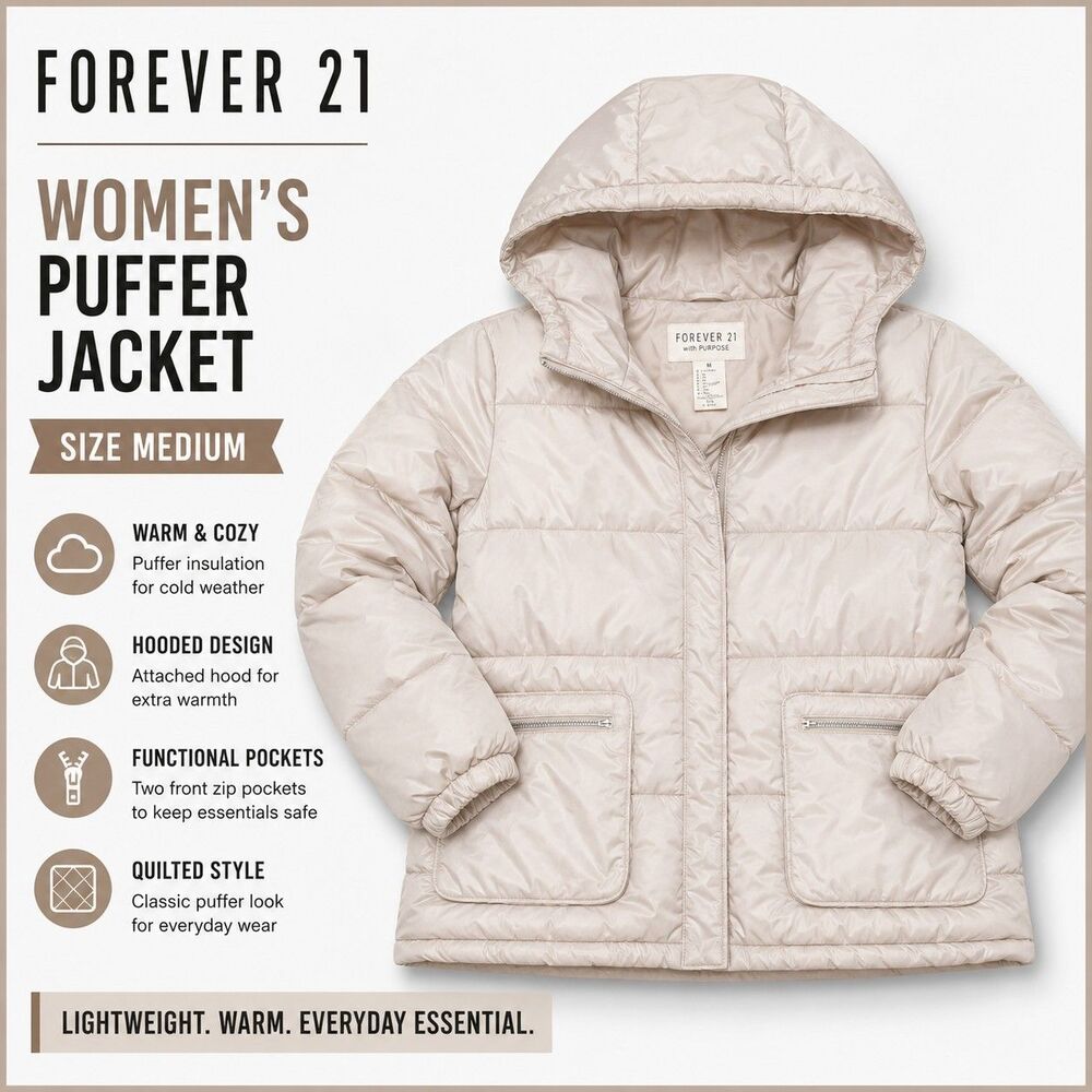 Forever 21 Women's Puffer Jacket Hooded Quilted Cream Beige Size Medium